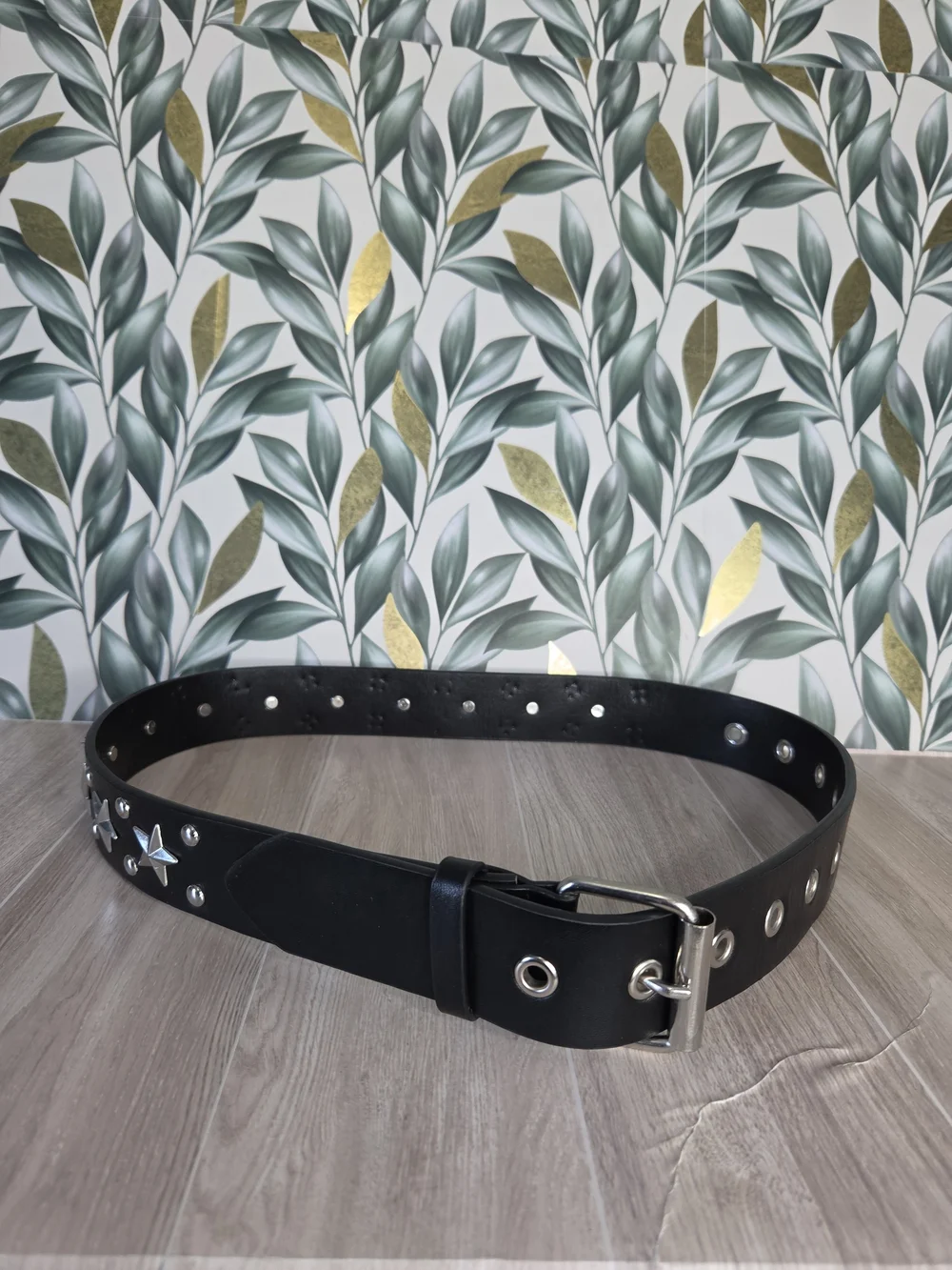 Y2K Black Faux Leather Star Studded Belt Silver Grommet Roller Buckle Punk